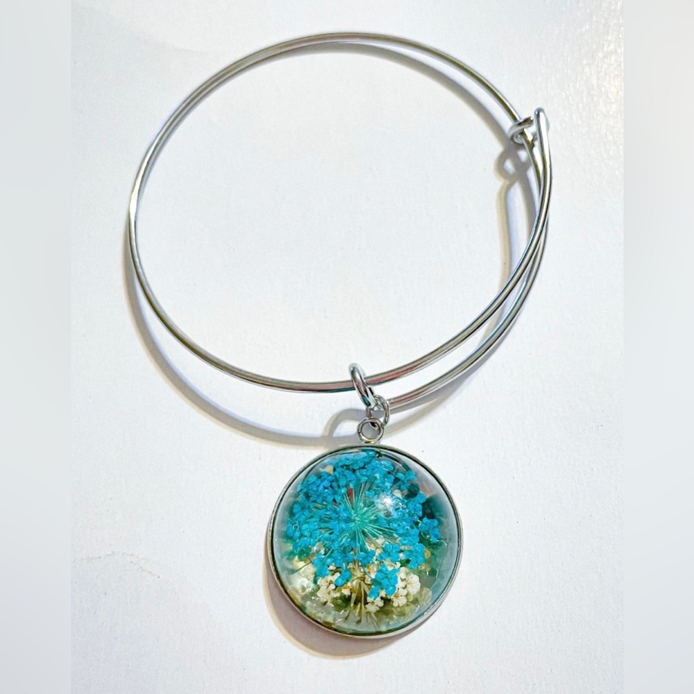 Pressed Turquoise Flower Silver Bracelet